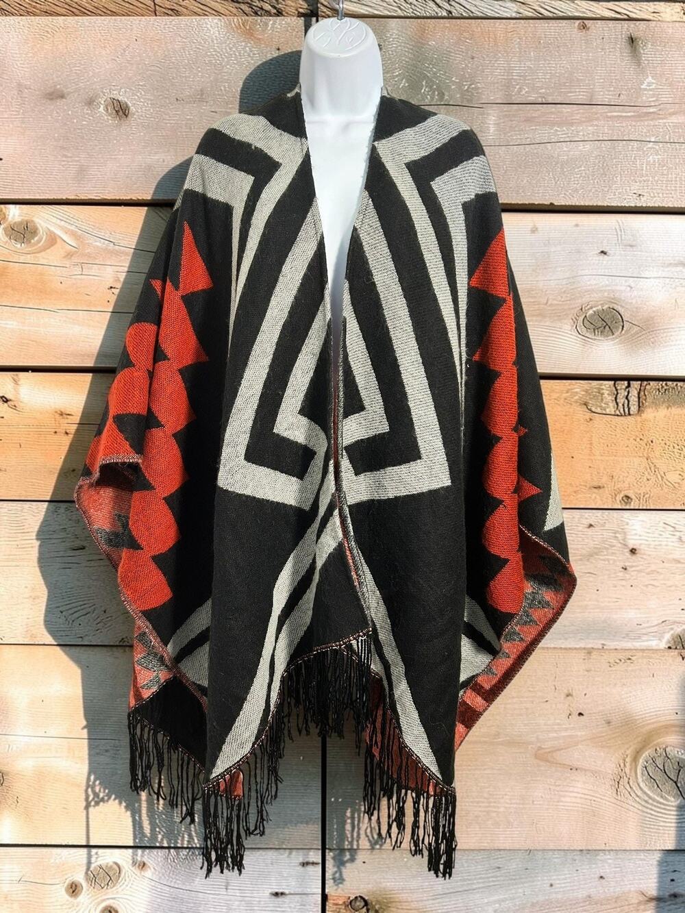 Express Blanket Scarf Poncho Red Black Fringe Wrap One Size Warm Western